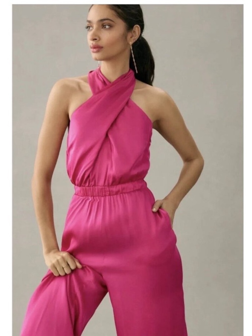 Anthropologie Dolan Pink Satin Jumpsuit cross neck